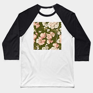 Vintage Floral Light Pink and White Flowers on Olive Green Baseball T-Shirt